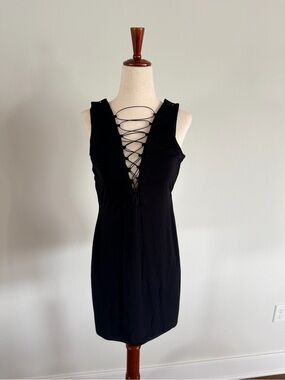Bardot Black Lace-Up Deep V Mini Dress